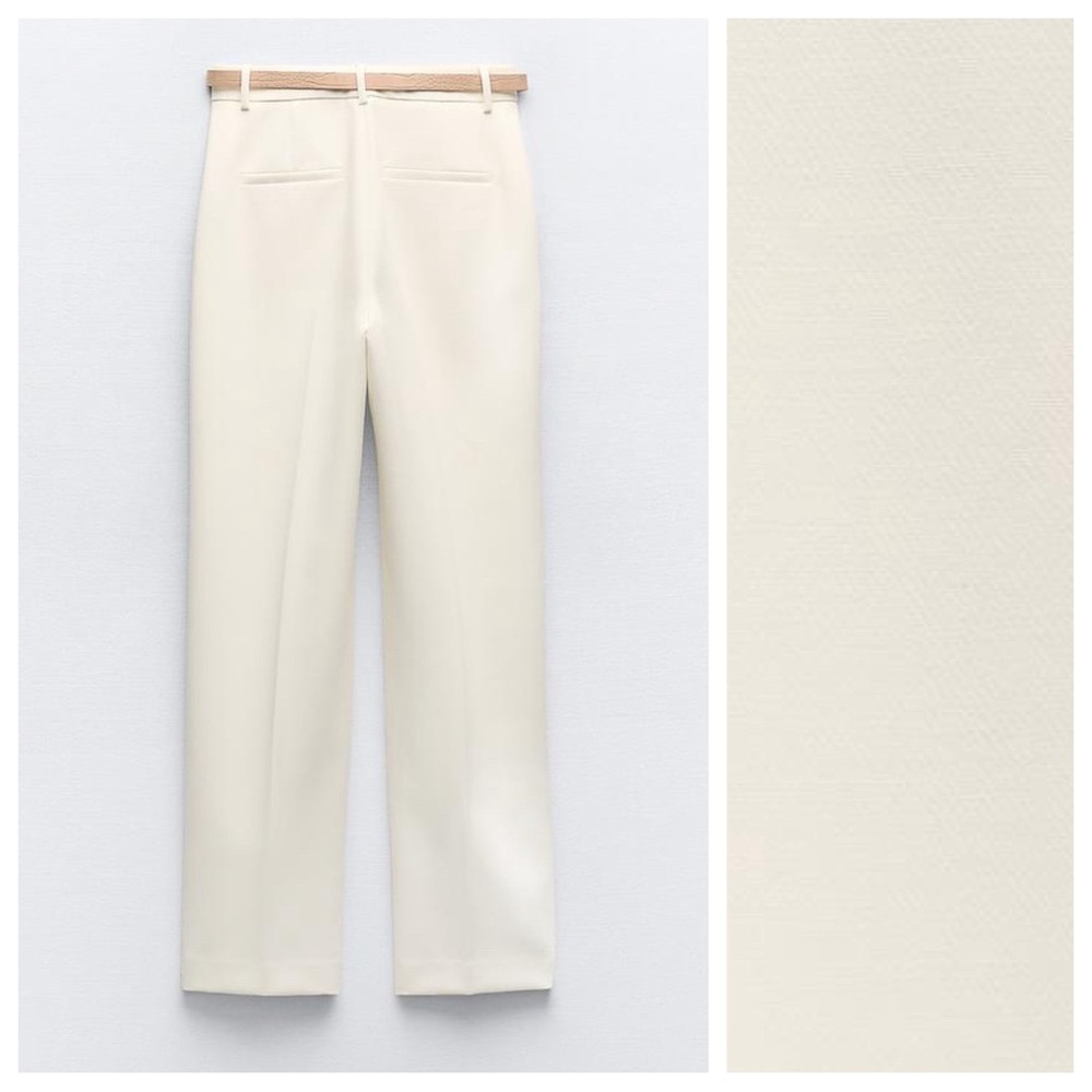 NWT. Zara Ecru Viscose Blend Belted Straight Leg Pants. Size L. - Picture 7 of 11